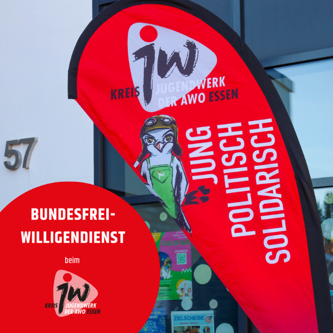 Fahne des Jugendwerks mit dem Schriftzug 'Jung Politisch Solidarisch' und das Logo des Jugendwerks sowie Überschrift 'Bundesfreiwilligendienst' auf rotem Grund.