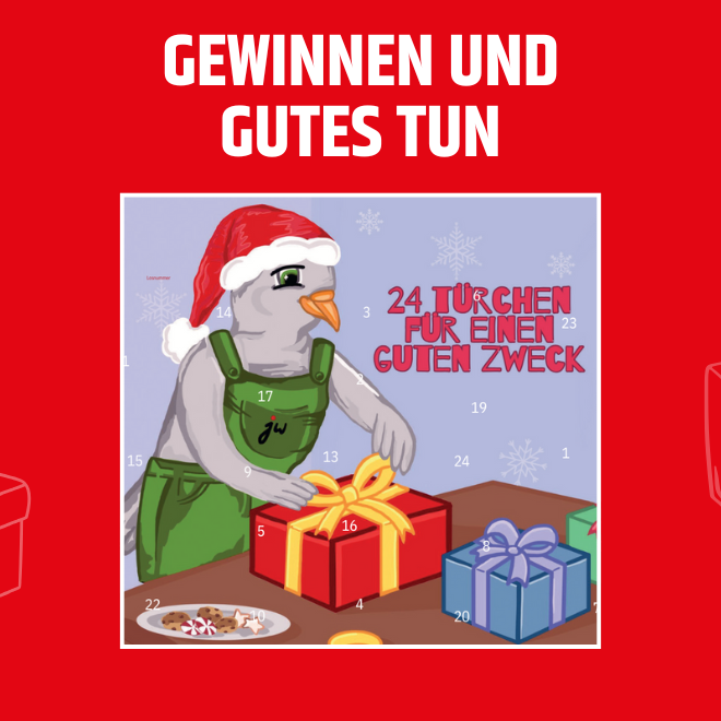 Das Maskottchen Juwe packt Geschenke ein. Titelbild für den Benefizadventskalender