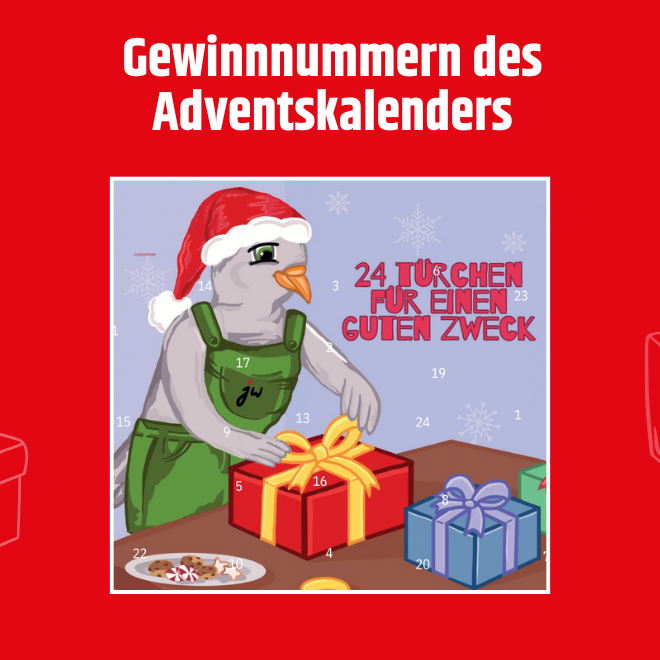 Das Maskottchen Juwe packt Geschenke ein. Titelbild für den Benefizadventskalender