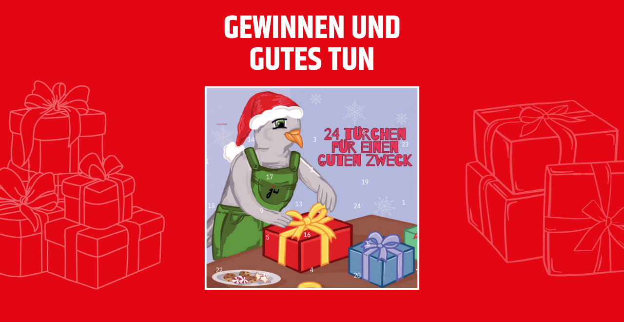 Das Maskottchen Juwe packt Geschenke ein. Titelbild für den Benefizadventskalender